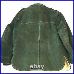 Vintage Sherpa Lined Heavy Suede Leather Jacket Work Coat Pockets Sz 44 Green