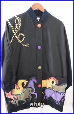 Vintage Silkscapes Western Wearable Art Oversized Horses Black Jacket Women