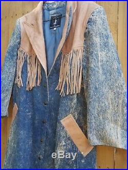 Vintage Western Fringe Trench Jacket Diamond Denim & Leather Womens Sz L USA