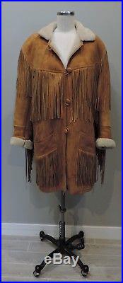 Vintage Western Tan Suede Fringe Shearling Sheepskin Lined Jacket Coat