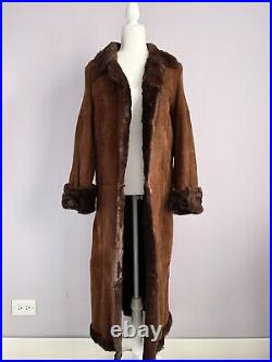 Vintage Womens Size Large Long Toscana Shearling Coat Jacket Brown Sheepskin Fur