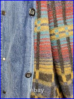 Vintage Woolrich Mens Large Blanket Lined Barn Coat Jacket Denim Leather Collar