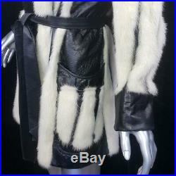Vintagesz S/mblack Leather Blonde Off White Genuine Cross Mink Fur Coat Jacket