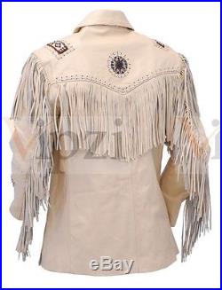 Vipzi Mens New Western wear Cream Fringed Cow Leather Jacket all size