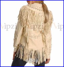 Vipzi Western Women's Cow Leather Jacket with Fringe and bone ALL SIZE