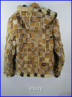 Vtg 1970s Suede Leather Patchwork Shearling Coat Jacket Womens Sz 12 Zip Hood