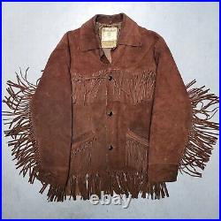 Vtg 60s WEATHER JAC Brown Jacket w Fringe Suede Western Motorcycle Sz L USA RARE