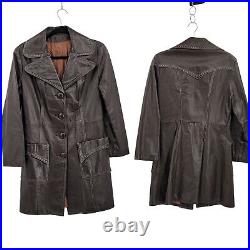 Vtg 70's Womens Leather Trench Coat Cowgirl Western Contrast Stitching Brown S