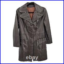 Vtg 70's Womens Leather Trench Coat Cowgirl Western Contrast Stitching Brown S