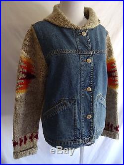 Vtg. 80's Pendleton SML Wool Western Aztec Navajo Denim Jean Jacket Sweater Coat