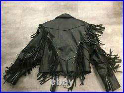 Vtg 80s Cropped Black Leather Fringe Moto Jacket Coat Embossed Eagle WARM