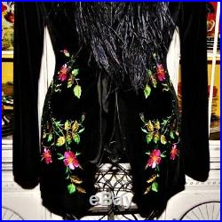 Vtg 90s Betsey Johnson Coat VELVET Black Embroider Jacket Ostrich Victorian M 8