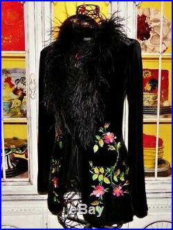 Vtg 90s Betsey Johnson Coat VELVET Black Embroider Jacket Ostrich Victorian M 8