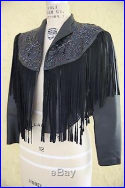 Vtg Black Leather Jacket Coat Southwestern Country Western Boho Fringe Beaded