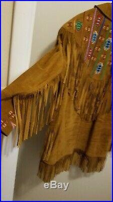 Vtg Erez Levy Western Native Suede Buckskin Fringe Coat Embellished Jacket Sz M
