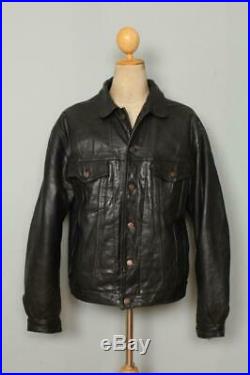 Vtg LEVIS Black Leather Western Motorcycle Trucker Jacket Size Large