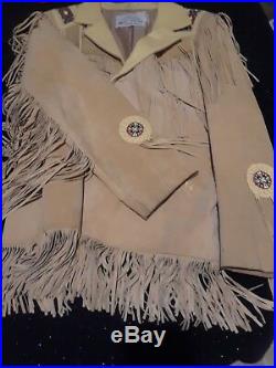 Vtg Lariat Western Leather Fringe Men Suede Coat Jacket Lined USA Size XL brown