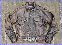 Vtg Levi's White Tab Distressed Brown Leather Trucker Jacket Western M