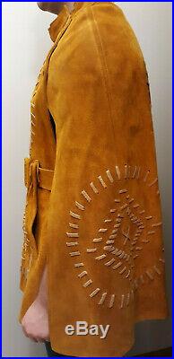 Vtg Mens Western Suede Leather Native Cowboy Coat Jacket Poncho Cape Belted Sz S