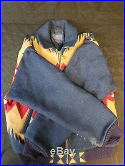 Vtg PENDLETON Western Wear Southwestern Native Wool Blanket Navy Blue Jacket szM