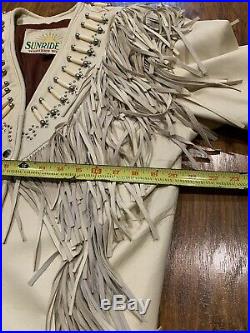 Vtg SUNRIDERS Western Wear Bone Seed Bead Laced Fringe Tassel Leather Jacket XL