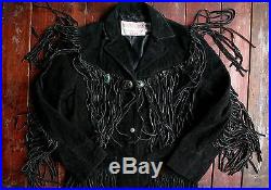 Vtg Schott Black Suede Leather Fringed Western Jacket Boho Hippie Biker Uk 10/12