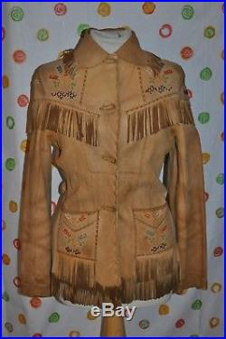 WESTERN vintage BROWN LEATHER WOMEN'S Small fringe coat Indian beaded Nez Perce