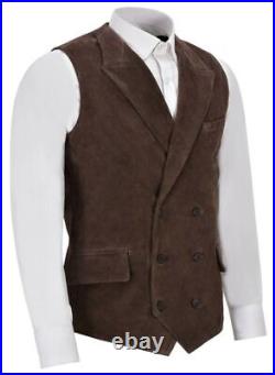 Waistcoat Brown Stylish Western Leather Original Suede Belt Vest Coat Jacket Men