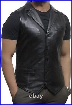 Waistcoat Lambskin Leather Men Button Black Western 100%Orignal Vest Coat Jacket