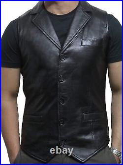 Waistcoat Lambskin Leather Men Button Black Western100%Original Vest Coat Jacket