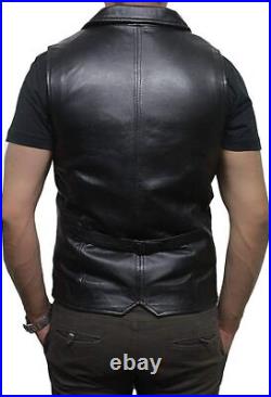 Waistcoat Lambskin Leather Men Button Black Western100%Original Vest Coat Jacket