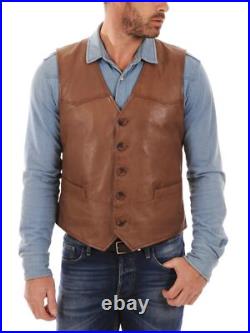 Waistcoat Tan Western 100% Original Vest Coat Jacket Lambskin Leather Men Button