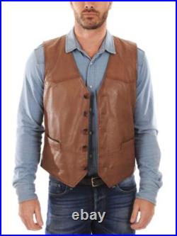 Waistcoat Tan Western 100% Original Vest Coat Jacket Lambskin Leather Men Button