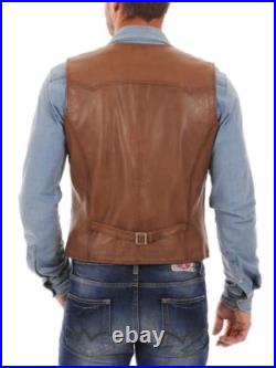 Waistcoat Tan Western 100% Original Vest Coat Jacket Lambskin Leather Men Button