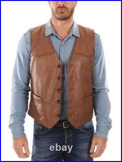 Waistcoat Tan Western 100%Orignal Leather Men Button Vest Coat Jacket Lambskin