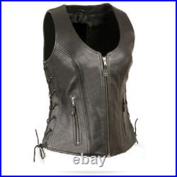 Western Black Button Vest Coat Lambskin Leather Classic Waistcoat Jacket Women