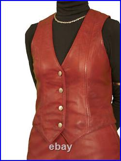 Western Button Vest Coat Red Jacket Women Lambskin Leather Classic Waistcoat