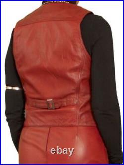 Western Button Vest Coat Red Jacket Women Lambskin Leather Classic Waistcoat