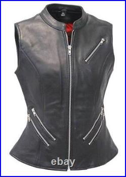 Western Classic Coat Black Waistcoat Lambskin Leather Women Button Vest Jacket