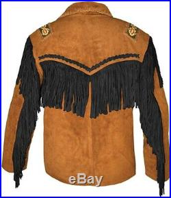 Western Cowboy Men's Bone & Fringed Suede Leather Jacket Camel Brown