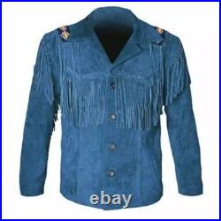 Western Cowboy Suede Fringe Jacket For Men Beaded Native American Leather Jacket