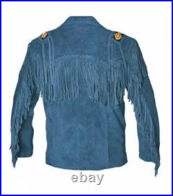Western Cowboy Suede Fringe Jacket For Men Beaded Native American Leather Jacket