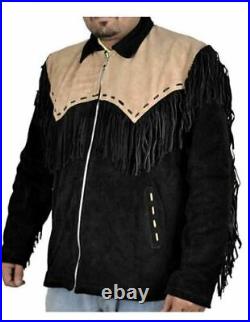 Western Cowboy Suede Leather Jacket For Men Native American Coat with Fringed