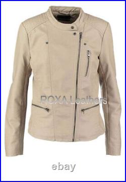 Western Design Women's Genuine Sheepskin Real Leather Jacket Beige Stylish Coat