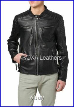 Western Fashion Men's Black Genuine Lambskin Real Leather Jacket Cafe Racer Coat