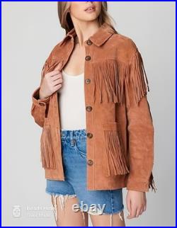 Western Fringe Leather Suede Jacket Women Native American Tassels Cowgirl Jacket