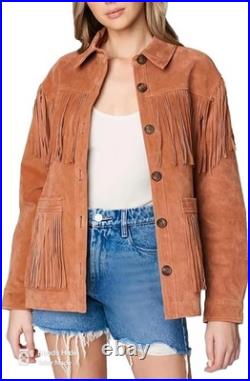 Western Fringe Leather Suede Jacket Women Native American Tassels Cowgirl Jacket