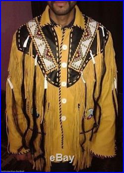 Western Fringed Buckskin Native American Indian Fringe Bones Coat jacket XS 5XL