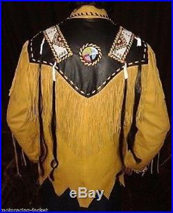Western Fringed Buckskin Native American Indian Fringe Bones Coat jacket XS 5XL