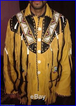 Western Fringed Buckskin Native American Indian Fringe Bones jacket XS To 6XL